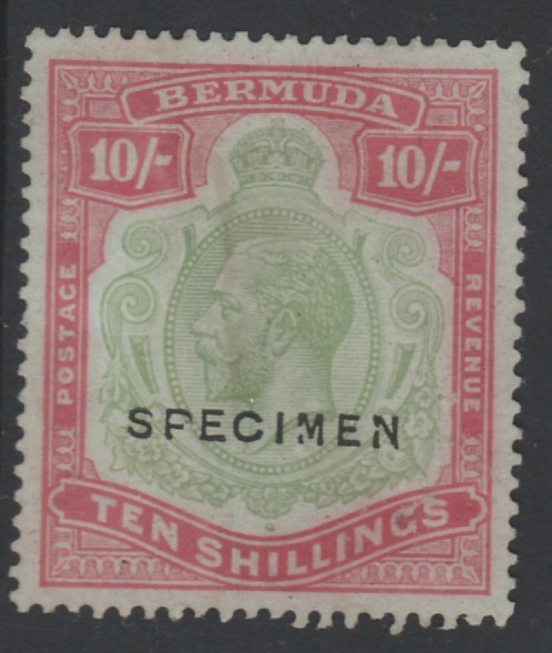 Bermuda 1924 KG5 Script CA 10s overprinted SPECIMEN, (type D16) without gum and faded but only about 400 produced, SG 92s Note the Broken M variety similar to the famous ..., stamps on specimens