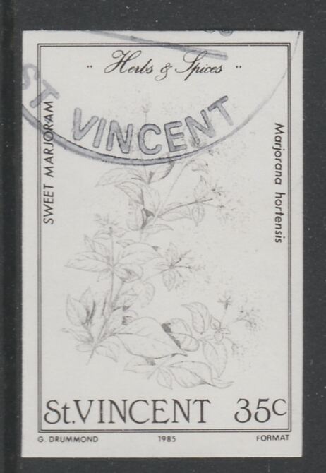 St Vincent 1985 Herbs & Spices 35c Sweet Marjoram imperf proof in black only, fine used with part St Vincent cancellation, produced for a promotion. Ex Format archives (a..., stamps on food      herbs & spices