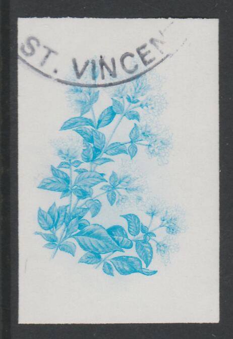 St Vincent 1985 Herbs & Spices 35c Sweet Marjoram imperf proof in cyan only, fine used with part St Vincent cancellation, produced for a promotion. Ex Format archives (as..., stamps on food      herbs & spices