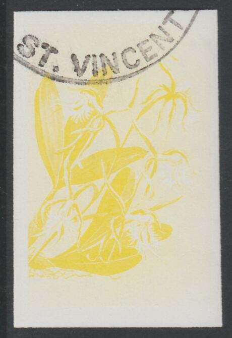 St Vincent 1985 Orchids 35c imperf proof in yellow only, fine used with part St Vincent cancellation, produced for a promotion. Ex Format International archives (as SG 850) , stamps on flowers, stamps on orchids