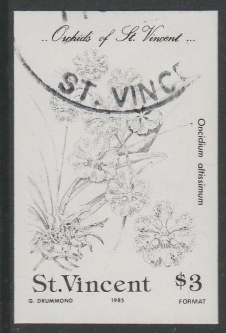St Vincent 1985 Orchids $3 imperf proof in black only, fine used with part St Vincent cancellation, produced for a promotion. Ex Format International archives (as SG 853) , stamps on flowers, stamps on orchids