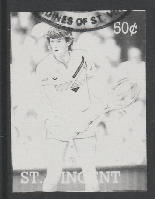 St Vincent - Grenadines 1988 International Tennis Players 50c Kevin Curran imperf proof in black only, fine used with part St Vincent Grenadines cancellation, produced for a promotion. Ex Format archives (as SG 583) , stamps on , stamps on  stamps on personalities, stamps on  stamps on sport, stamps on  stamps on tennis