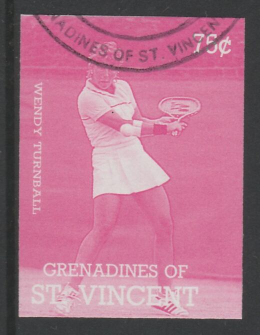 St Vincent - Grenadines 1988 International Tennis Players 75c Wendy Turnbull imperf proof in magenta only, fine used with part St Vincent Grenadines cancellation, produced for a promotion. Ex Format archives (as SG 584) , stamps on , stamps on  stamps on personalities, stamps on  stamps on sport, stamps on  stamps on tennis