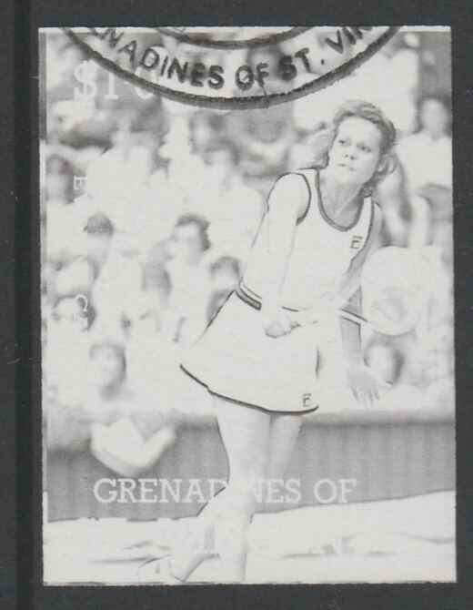 St Vincent - Grenadines 1988 International Tennis Players $1 Evonne Crawley imperf proof in black only, fine used with part St Vincent Grenadines cancellation, produced for a promotion. Ex Format archives (as SG 585) , stamps on , stamps on  stamps on personalities, stamps on  stamps on sport, stamps on  stamps on tennis