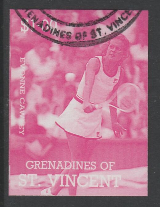 St Vincent - Grenadines 1988 International Tennis Players $1 Evonne Crawley imperf proof in magenta only, fine used with part St Vincent Grenadines cancellation, produced for a promotion. Ex Format archives (as SG 585) , stamps on personalities, stamps on sport, stamps on tennis