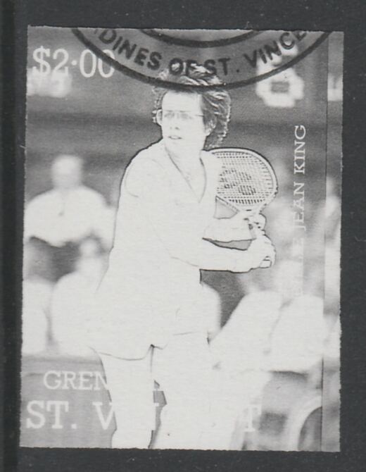 St Vincent - Grenadines 1988 International Tennis Players $2 Billie Jean King imperf proof in black only, fine used with part St Vincent Grenadines cancellation, produced for a promotion. Ex Format archives (as SG 587) , stamps on personalities, stamps on sport, stamps on tennis