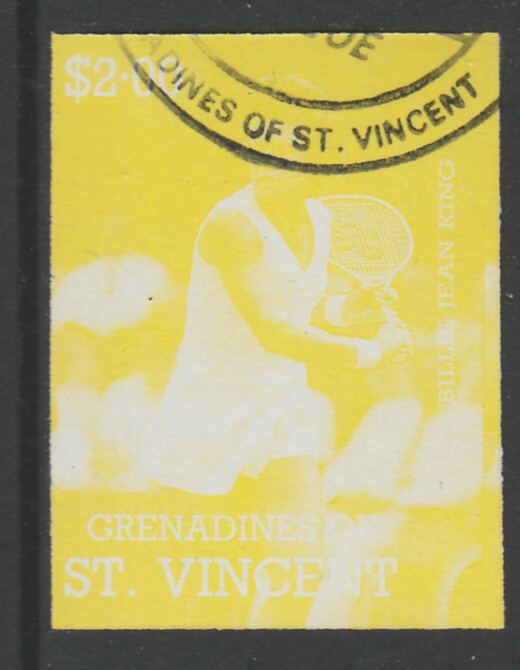St Vincent - Grenadines 1988 International Tennis Players $2 Billie Jean King imperf proof in yellow only, fine used with part St Vincent Grenadines cancellation, produced for a promotion. Ex Format archives (as SG 587) , stamps on personalities, stamps on sport, stamps on tennis