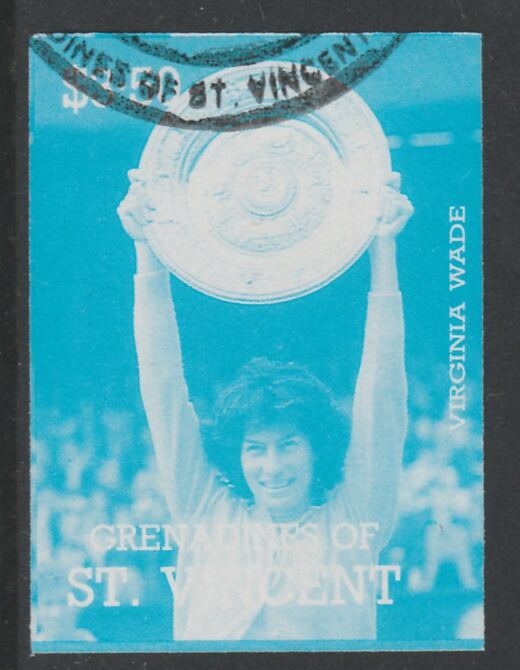 St Vincent - Grenadines 1988 International Tennis Players $3.50 Virginia Wade imperf proof in cyan only, fine used with part St Vincent Grenadines cancellation, produced for a promotion. Ex Format archives (as SG 589) , stamps on personalities, stamps on sport, stamps on tennis