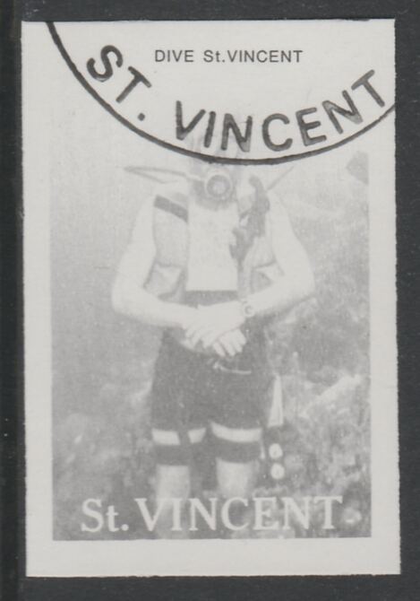 St Vincent 1988 Tourism 45c Scuba Diving imperf proof in black only, fine used with part St Vincent cancellation, produced for a promotion. Ex Format International archives (as SG 1134) , stamps on , stamps on  stamps on tourism, stamps on  stamps on scuba, stamps on  stamps on diving