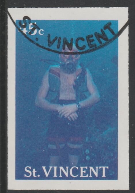 St Vincent 1988 Tourism 45c Scuba Diving imperf proof in magenta & cyan only, fine used with part St Vincent cancellation, produced for a promotion. Ex Format Internation..., stamps on tourism, stamps on scuba, stamps on diving