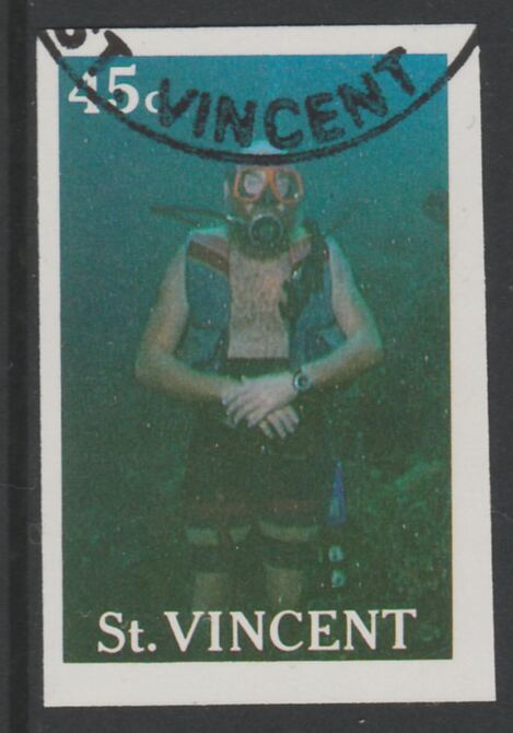 St Vincent 1988 Tourism 45c Scuba Diving imperf proof in 3 colours only (magenta, cyan & yellow), fine used with part St Vincent cancellation, produced for a promotion. E..., stamps on tourism, stamps on scuba, stamps on diving