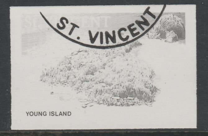 St Vincent 1988 Tourism 65c Aerial View of Young Island imperf proof in black only, fine used with part St Vincent cancellation, produced for a promotion. Ex Format International archives (as SG 1135) , stamps on tourism, stamps on 