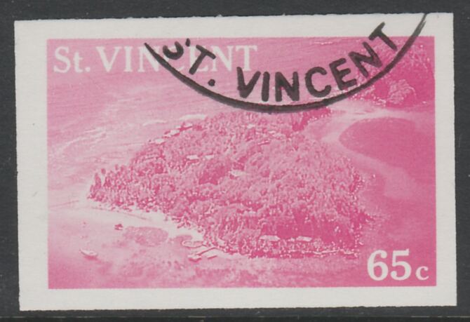 St Vincent 1988 Tourism 65c Aerial View of Young Island imperf proof in magenta only, fine used with part St Vincent cancellation, produced for a promotion. Ex Format International archives (as SG 1135) , stamps on tourism, stamps on 