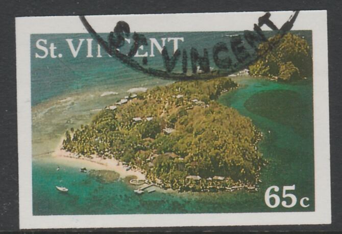 St Vincent 1988 Tourism 65c Aerial View of Young Island imperf proof in 3 colours only (magenta, cyan & yellow only), fine used with part St Vincent cancellation, produced for a promotion. Ex Format International archives (as SG 1135) , stamps on tourism, stamps on 
