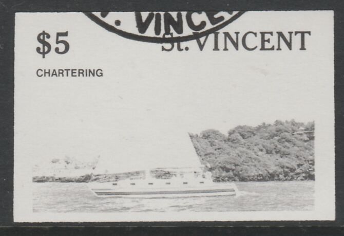 St Vincent 1988 Tourism $5 Cruising Yacht imperf proof in black only, fine used with part St Vincent cancellation, produced for a promotion. Ex Format International archives (as SG 1136) , stamps on tourism, stamps on sailing, stamps on yachts