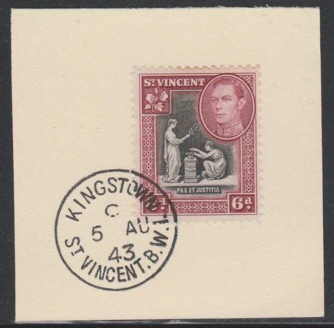 St Vincent 1938 KG6 Pictorial definitive 6d SG 155 on piece with full strike of Madame Joseph forged postmark type 372, stamps on , stamps on  kg6 , stamps on forgery