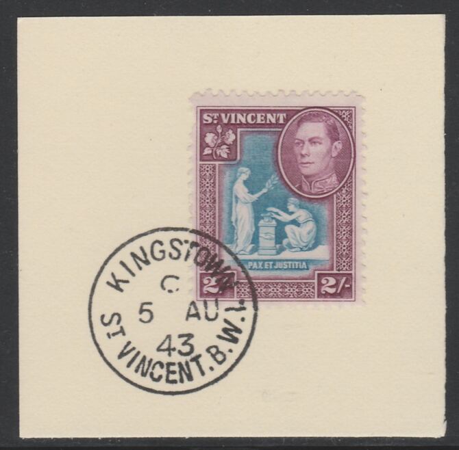 St Vincent 1938 KG6 Pictorial definitive 2s SG 157 on piece with full strike of Madame Joseph forged postmark type 372, stamps on , stamps on  kg6 , stamps on forgery