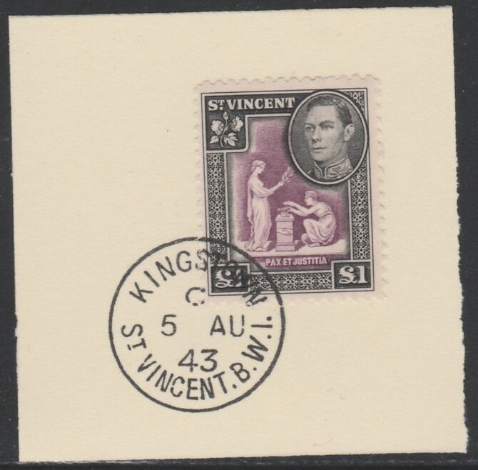 St Vincent 1938 KG6 Pictorial definitive Â£1 SG 159 on piece with full strike of Madame Joseph forged postmark type 372, stamps on , stamps on  kg6 , stamps on forgery
