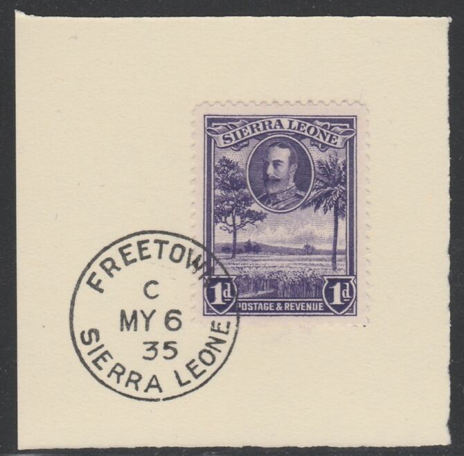 Sierra Leone 1932 KG5 Pictorial 1d violet SG 156 on piece with full strike of Madame Joseph forged postmark type 393, stamps on , stamps on  stamps on , stamps on  stamps on  kg5 , stamps on  stamps on forgery