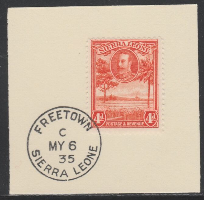 Sierra Leone 1932 KG5 Pictorial 4d orange SG 160 on piece with full strike of Madame Joseph forged postmark type 393, stamps on , stamps on  kg5 , stamps on forgery