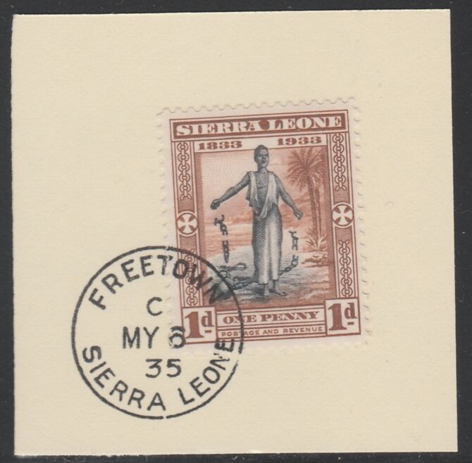 Sierra Leone 1933 Centenary of Abolition of Slavery 1d SG 169 on piece with full strike of Madame Joseph forged postmark type 393, stamps on , stamps on  kg5 , stamps on forgery, stamps on slavery