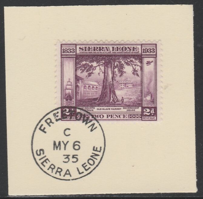 Sierra Leone 1933 Centenary of Abolition of Slavery 2d SG 171 on piece with full strike of Madame Joseph forged postmark type 393, stamps on , stamps on  kg5 , stamps on forgery, stamps on slavery