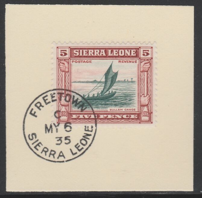 Sierra Leone 1933 Centenary of Abolition of Slavery 5d SG 174 on piece with full strike of Madame Joseph forged postmark type 393, stamps on , stamps on  kg5 , stamps on forgery, stamps on slavery