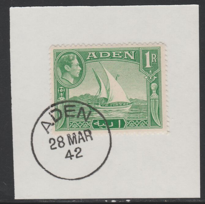 Aden 1939-48 KG6 Dhow 1r emerald-green on piece with full strike of Madame Joseph forged postmark type 3, stamps on , stamps on  stamps on , stamps on  stamps on  kg6 , stamps on  stamps on ships