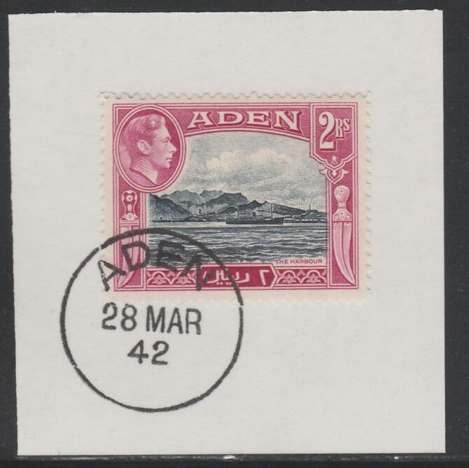 Aden 1939-48 KG6 The Harbour 2r deep blue & magenta on piece with full strike of Madame Joseph forged postmark type 3, stamps on harbours    ports, stamps on  kg6 , stamps on 