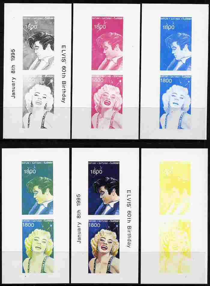 Batum 1995 Film Stars (Elvis & Marilyn Monroe) souvenir sheet containing 2 values each x 6 imperf progressive colour proofs comprising the 4 individual colours plus 2 and..., stamps on music, stamps on personalities, stamps on elvis, stamps on entertainments, stamps on films, stamps on cinema, stamps on marilyn monroe
