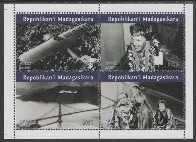 Madagascar 2020 Amelia Earhart perf sheetlet containing 4 values unmounted mint. Note this item is privately produced and is offered purely on its thematic appeal, it has no postal validity, stamps on , stamps on  stamps on aviation, stamps on  stamps on women, stamps on  stamps on earhart, stamps on  stamps on bridges, stamps on  stamps on 