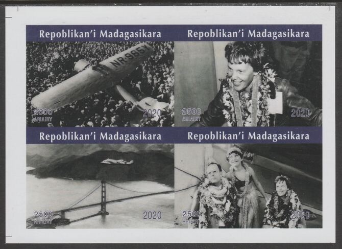 Madagascar 2020 Amelia Earhart imperf sheetlet containing 4 values unmounted mint. Note this item is privately produced and is offered purely on its thematic appeal, it has no postal validity, stamps on aviation, stamps on women, stamps on earhart, stamps on bridges, stamps on 