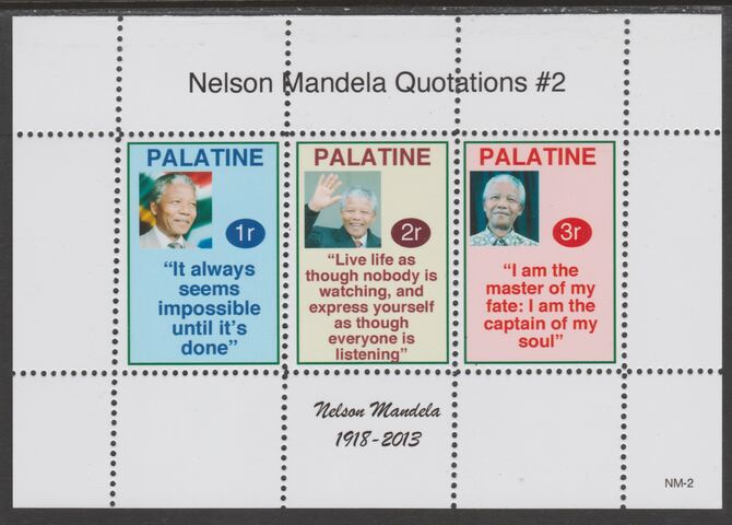 Palatine (Fantasy) Quotations by Nelson Mandela #2 perf deluxe glossy sheetlet containing 3 values each with a famous quotation,unmounted mint, stamps on personalities, stamps on mandela, stamps on nobel, stamps on peace, stamps on racism, stamps on human rights