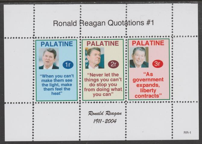 Palatine (Fantasy) Quotations by Ronald Reagan #1 perf deluxe glossy sheetlet containing 3 values each with a famous quotation,unmounted mint, stamps on personalities, stamps on reagan, stamps on us presidents, stamps on americana, stamps on cinema, stamps on movies