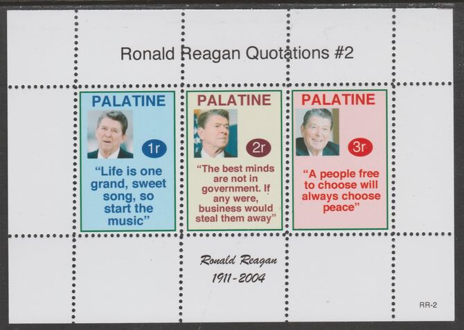 Palatine (Fantasy) Quotations by Ronald Reagan #2 perf deluxe glossy sheetlet containing 3 values each with a famous quotation,unmounted mint, stamps on personalities, stamps on reagan, stamps on us presidents, stamps on americana, stamps on cinema, stamps on movies