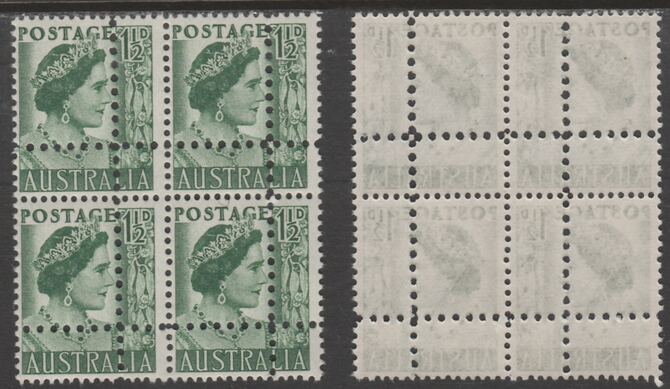 Australia 1949 Queen Elizabeth 1.5d green block of 4 with perforations doubled (stamps are quartered), unmounted mint. Note: the stamps are genuine but the additional per..., stamps on royalty, stamps on forgery