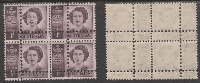 Australia 1947 Princess Elizabeth 1d purple block of 4 with perforations doubled (stamps are quartered), unmounted mint as SG 222var. Note: the stamps are genuine but the..., stamps on royalty, stamps on forgery