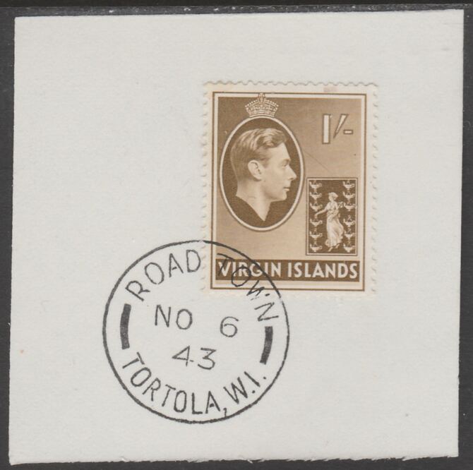 British Virgin islands 1938-47 KG6 Badge of Colony 1s olive-brown on piece with full strike of Madame Joseph forged postmark type 434, stamps on , stamps on  kg6 , stamps on forgery, stamps on 