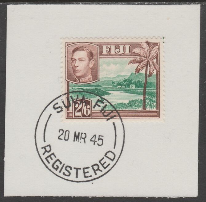 Fiji 1938-55 KG6 Pictorial 2s6d green & brown on piece with full strike of Madame Joseph forged postmark type 167, stamps on , stamps on  stamps on , stamps on  stamps on  kg6 , stamps on  stamps on forgery, stamps on  stamps on rivers