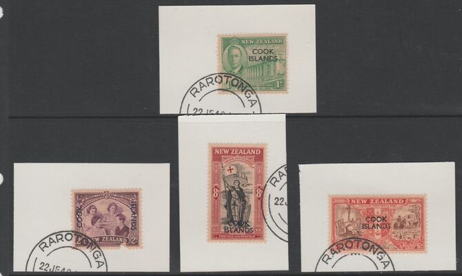 Cook Islands 1946 KG6 Peace set of 4 each on individual piece cancelled with part strike of Madame Joseph forged postmark type 127, stamps on victory, stamps on   ww2 , stamps on  kg6 , stamps on forgeries