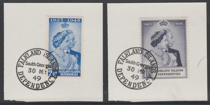 Falkland Islands Dependencies 1948 KG6 Royal Silver Wedding set of 2 each on individual piece cancelled with full strike of Madame Joseph forged postmark type 158, stamps on royalty, stamps on  kg6 , stamps on forgeries, stamps on royal silver wedding