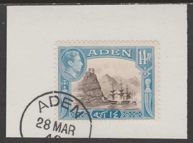 Aden 1939-48 KG6 Capture of Aden 14a sepia & light blue on piece with part strike of Madame Joseph forged postmark type 3, stamps on , stamps on  kg6 , stamps on ships