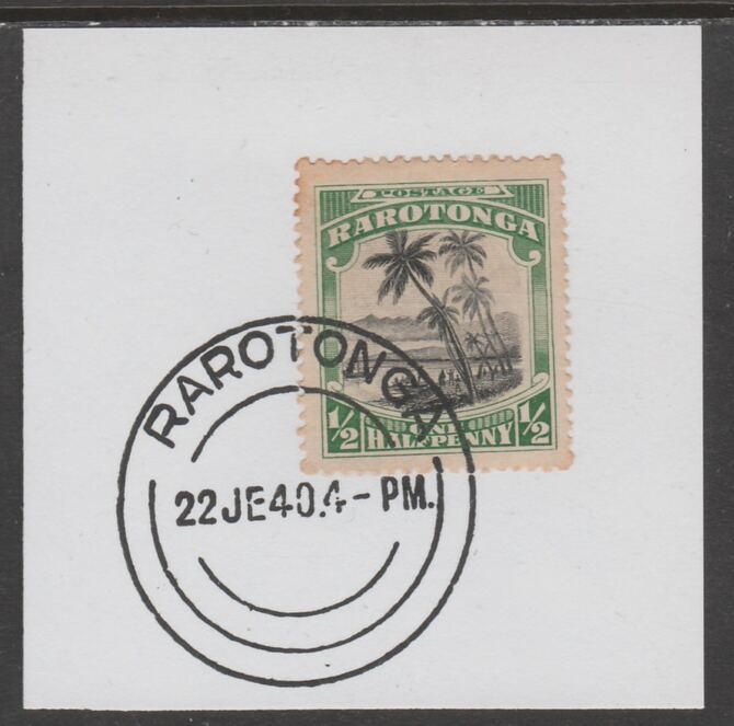 Cook Islands 1920 Rarotonga 1/2d Cook Landing on piece cancelled with full strike of Madame Joseph forged postmark type 127, stamps on explorers, stamps on cook, stamps on  kg5 , stamps on forgeries