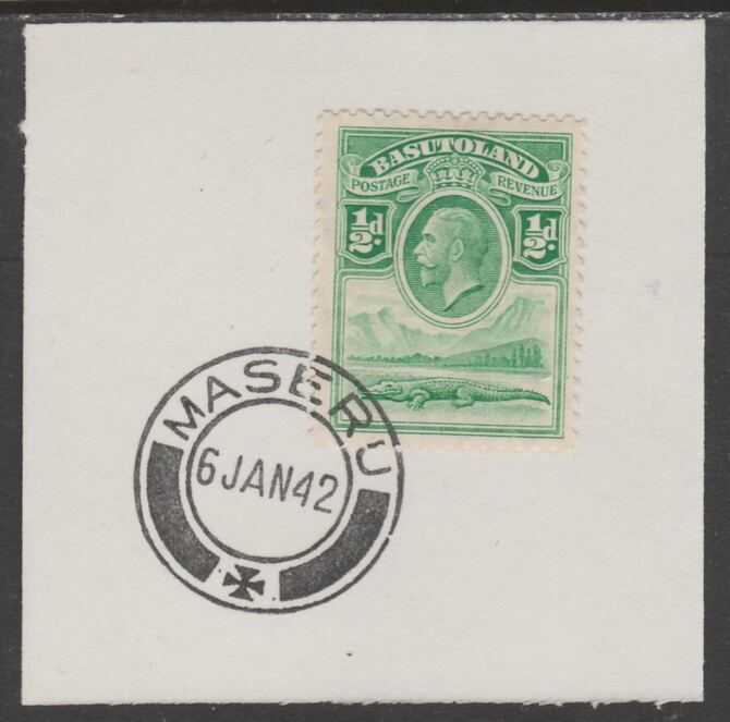Basutoland 1933 KG5 Nile Crocodile 1/2d on piece cancelled with full strike of Madame Joseph forged postmark type 53, stamps on crocodiles, stamps on reptiles, stamps on  kg5 , stamps on forgeries