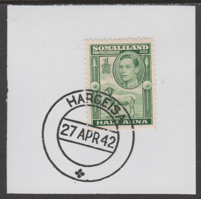 Somaliland 1938 KG6 Side Face 1/2a on piece cancelled with full strike of Madame Joseph forged postmark type 103, stamps on , stamps on  kg6 , stamps on forgeries, stamps on sheep, stamps on ovine