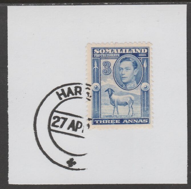 Somaliland 1938 KG6 Side Face 3a on piece cancelled with full strike of Madame Joseph forged postmark type 103, stamps on , stamps on  kg6 , stamps on forgeries, stamps on sheep, stamps on ovine