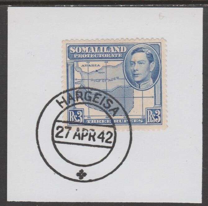 Somaliland 1938 KG6 Side Face 3r on piece cancelled with full strike of Madame Joseph forged postmark type 103, stamps on , stamps on  kg6 , stamps on forgeries, stamps on maps