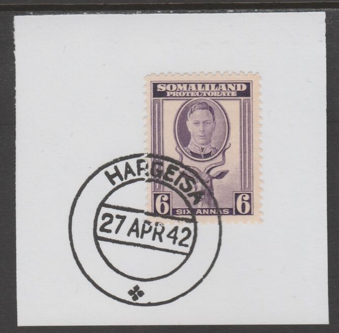 Somaliland 1942 KG6 Full Face 6a on piece cancelled with full strike of Madame Joseph forged postmark type 103, stamps on , stamps on  kg6 , stamps on forgeries, stamps on kudu