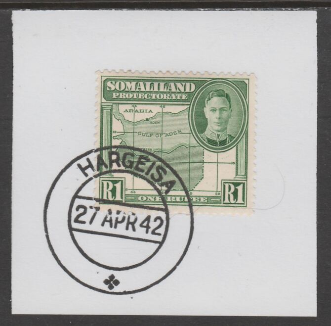Somaliland 1942 KG6 Full Face 1r on piece cancelled with full strike of Madame Joseph forged postmark type 103, stamps on , stamps on  kg6 , stamps on forgeries, stamps on maps