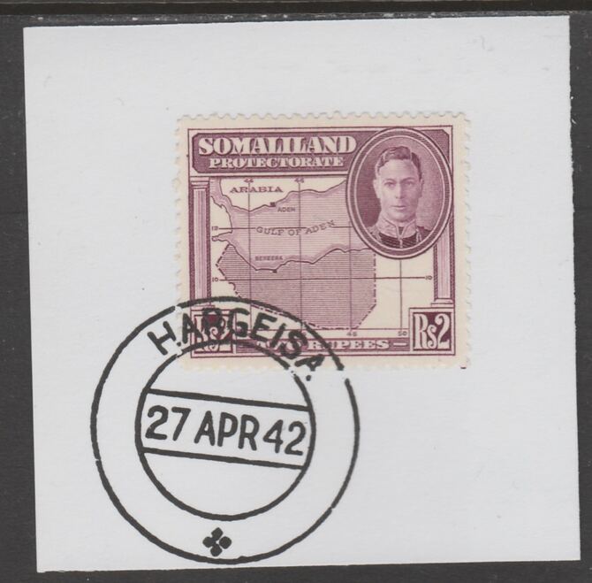 Somaliland 1942 KG6 Full Face 2r on piece cancelled with full strike of Madame Joseph forged postmark type 103, stamps on , stamps on  kg6 , stamps on forgeries, stamps on maps
